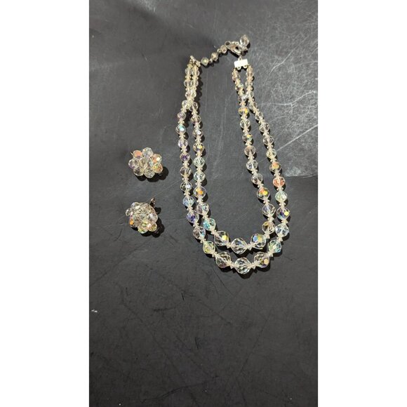 Vintage Aurora Borealis Crystal Necklace Clip-On Earring Set Double Strand Beads - Picture 6 of 7